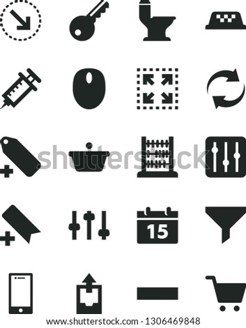 Solid Black Vector Icon Set - add bookmark vector, renewal, minus, label, upload archive data, abacus, comfortable toilet, calendar, smartphone, regulator, size, right bottom arrow, pan, filter, key