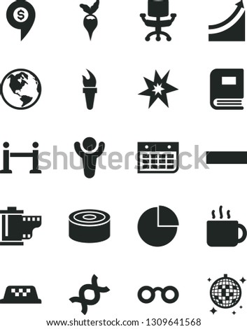 Solid Black Vector Icon Set - minus vector, camera roll, pie chart, canned goods, cup of tea, radish, wall calendar, chair, glasses, dna, book, flame torch, bang, winner, growth graph, dollar pin