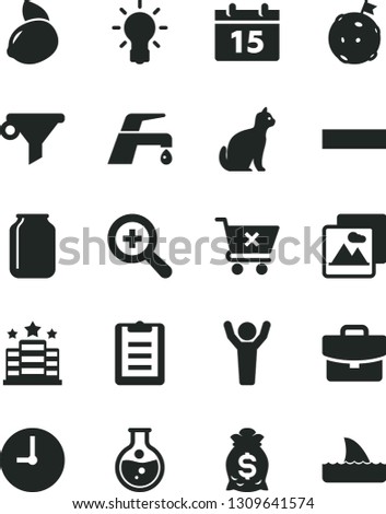 Solid Black Vector Icon Set - zoom vector, minus, faucet mixer, wall clock, calendar, picture, suitcase, crossed cart, yellow lemon, round flask, jar, water filter, bulb, clipboard, man hands up
