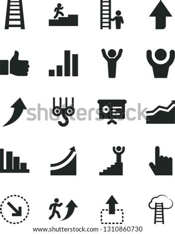 Solid Black Vector Icon Set - upward direction vector, positive histogram, winch hook, stepladder, index finger, move up, right bottom arrow, bar chart, financial report, man, carrer stairway, hands