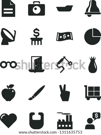 Solid Black Vector Icon Set - tassel vector, bell, cargo trolley, scribbled paper, pie chart, bib, bath, heart, camera, red apple, rose hip, industrial building, satellite dish, gas welding, dollar