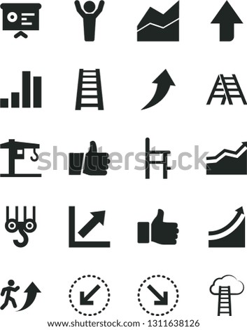 Solid Black Vector Icon Set - upward direction vector, line chart, growth, a chair for feeding, crane, winch hook, stepladder, ladder, left bottom arrow, thumb up, right, bar, financial report, man
