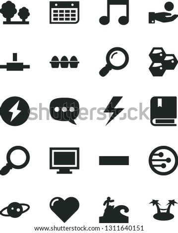 Solid Black Vector Icon Set - lightning vector, monitor window, minus, e, heart, bundle of eggs, honeycombs, trees, catch a coin, wall calendar, speech, network, connect, magnifier, note, saturn