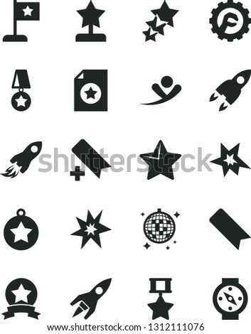 Solid Black Vector Icon Set - add bookmark vector, star gear, space rocket, bang, reward, medal, flag, hero, ribbon, certificate, three stars, flying man, disco ball, compass