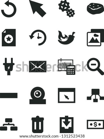 Solid Black Vector Icon Set - envelope vector, zoom out, minus, counterclockwise, download archive data, calculation, picture, flowchart, piece of meat, chili, electric plug, gears, web camera