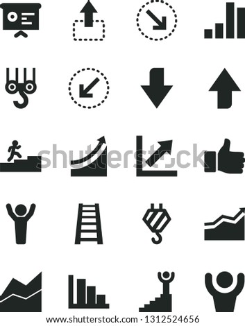 Solid Black Vector Icon Set - upward direction vector, downward, line chart, growth, positive histogram, hook, winch, stepladder, left bottom arrow, move up, right, bar, financial report, finger