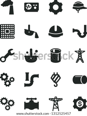 Solid Black Vector Icon Set - hook vector, cogwheel, sewerage, construction helmet, valve, water pipes, manufacture, power line, pole, processor, pipe, metallurgy, steel production, gears, three