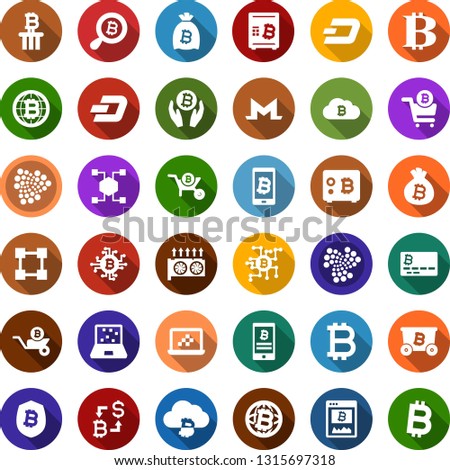 Color back flat icon set - bitcoin sign vector, dash, iota, monero, mining, equipment, exchange, card, site, palm, bag, search, globe, cloud, chip, shield, safe, phone, cart, notebook blocks, cube