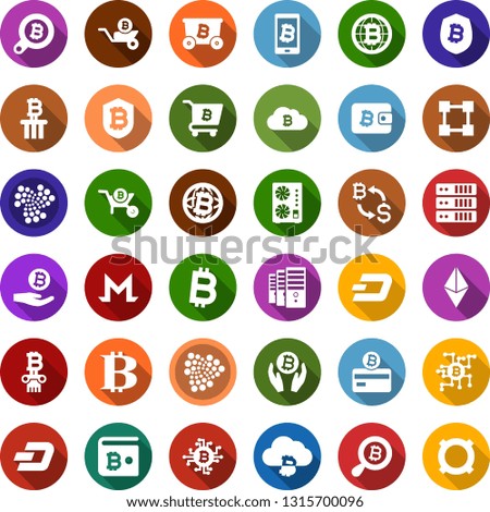 Color back flat icon set - bitcoin sign vector, etherium, dash, iota, monero, mining, farm, equipment, exchange, card, palm, search, globe, cloud, chip, shield, phone, cart, blockchain, wheelbarrow