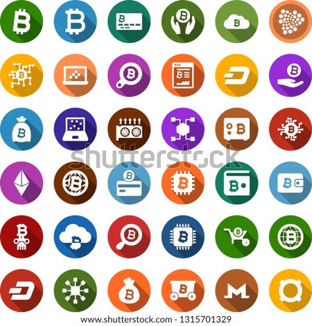 Color back flat icon set - bitcoin sign vector, etherium, dash, iota, monero, mining, equipment, card, site, palm, bag, search, globe, cloud, chip, safe, notebook blocks, blockchain cube, column