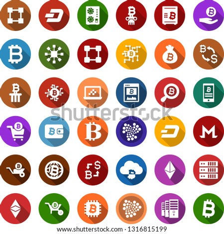 Color back flat icon set - bitcoin sign vector, etherium, dash, iota, monero, mining farm, equipment, exchange, site, palm, bag, search, globe, cloud, chip, safe, phone, cart, notebook blocks, cube