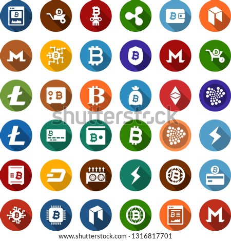 Color back flat icon set - bitcoin sign vector, etherium, ripple, litecoin, dash, iota, monero, storm, neo, mining equipment, card, site, bag, globe, chip, shield, safe, wheelbarrow, column, wallet