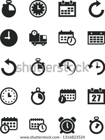 Solid Black Vector Icon Set - daily calendar vector, stopwatch, clock face, alarm, clockwise, counterclockwise, wall, timer, delivery, watch, agenda, schedule, history