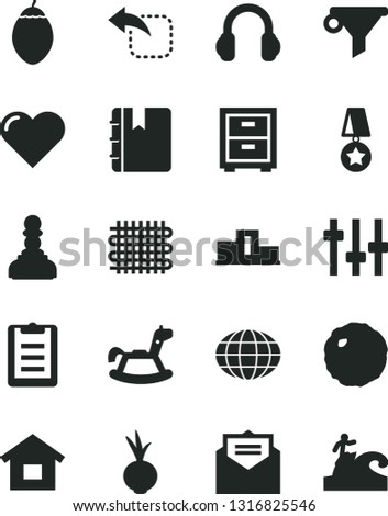 Solid Black Vector Icon Set - bedside table vector, rocking horse, dwelling, received letter, heart, notebook, move left, cabbage, beet, tamarillo, weaving, water filter, globe, headphones, settings