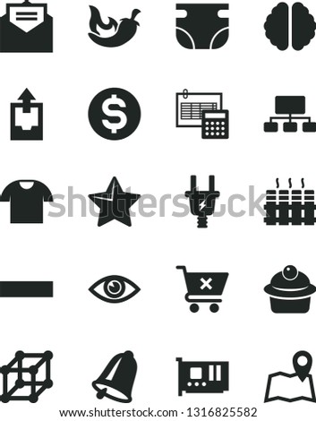 Solid Black Vector Icon Set - minus vector, upload archive data, nappy, calculation, radiator, bell, received letter, star, eye, crossed cart, T shirt, muffin, chili, electric plug, scheme, dollar
