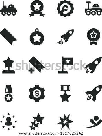 Solid Black Vector Icon Set - add bookmark vector, star gear, rocket, space, lunar rover, bang, reward, medal, flag, hero, ribbon, dollar, stars around man, three, flying