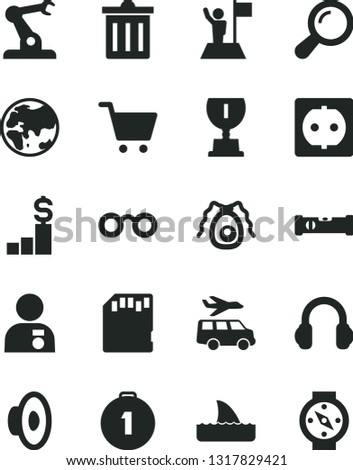 Solid Black Vector Icon Set - bin vector, loudspeaker, construction level, planet, power socket, assembly robot, headphones, sd card, glasses, zoom, bactery, award, man with medal, flag, first place