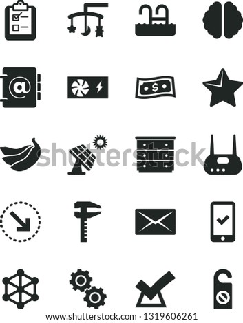 Solid Black Vector Icon Set - toys over the cradle vector, chest of drawers, star, address book, survey, right bottom arrow, bananas, big solar panel, calipers, pc power supply, router, mail, brain