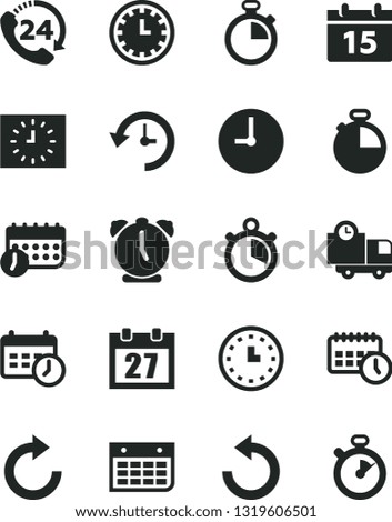 Solid Black Vector Icon Set - daily calendar vector, stopwatch, clock face, clockwise, counterclockwise, wall, alarm, timer, delivery, 24, watch, black, agenda, schedule, history