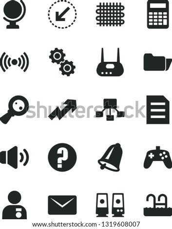 Solid Black Vector Icon Set - growth up vector, question, bell, left bottom arrow, globe, volume, weaving, magnifying glass, hierarchical scheme, router, pc speaker, folder, wireless, joystick, mail