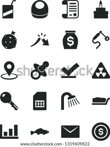 Solid Black Vector Icon Set - dummy vector, baby bib, e, shower, envelope, key, cake slice, birthday, small fish, gas welding, SIM card, geolocation, a crisis, money, research article, nuclear