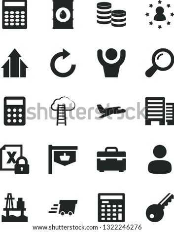 Solid Black Vector Icon Set - clockwise vector, suitcase, buildings, sea port, oil, vintage sign, man, coins, urgent cargo, calculator, engineer, encrypting, zoom, growth arrows, hands up, plane