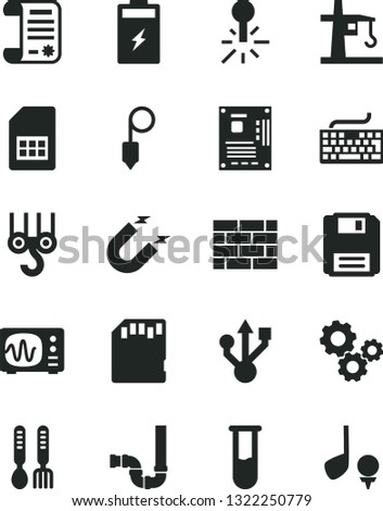 Solid Black Vector Icon Set - keyboard vector, iron fork spoons, brickwork, winch hook, siphon, plummet, charging battery, tower crane, magnet, mercury thermometer, SIM card, gears, research article