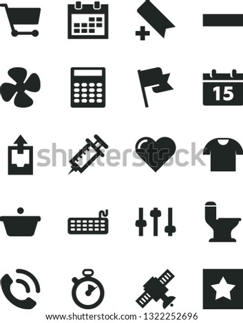 Solid Black Vector Icon Set - calendar vector, add bookmark, minus, upload archive data, comfortable toilet, heart, flag, T shirt, phone call, fan screw, cart, pan, keyboard, settings, satellite