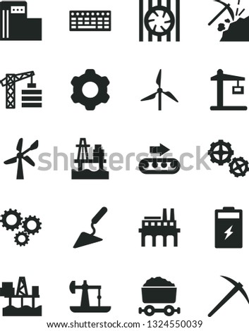 Solid Black Vector Icon Set - tower crane vector, gears, cogwheel, building trowel, sea port, commercial seaport, charging battery, oil derrick, coal mining, modern gas station, windmill, three