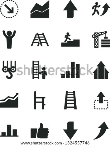 Solid Black Vector Icon Set - upward direction vector, downward, line chart, a chair for feeding, tower crane, winch hook, stepladder, ladder, thumb up, move, right bottom arrow, bar, man, graph