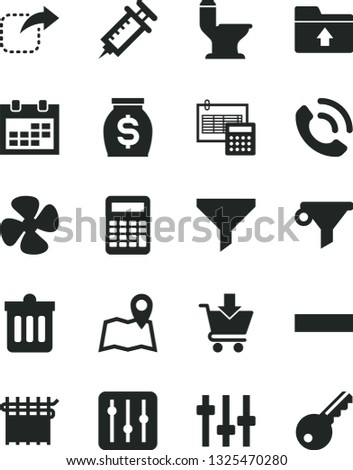 Solid Black Vector Icon Set - calendar vector, minus, upload folder, comfortable toilet, calculation, dust bin, regulator, put in cart, phone call, move right, fan screw, cloth industry, filter, map