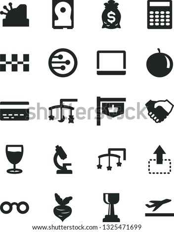Solid Black Vector Icon Set - bank card vector, toys over the cradle, cot, ceramic tiles, move up, glass, tangerine, beet, vintage sign, hand shake, cashbox, notebook pc, hdd, network, microscope