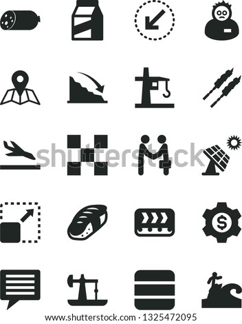 Solid Black Vector Icon Set - image of thought vector, tile, left bottom arrow, map, package, expand picture, sausage, barbecue, sushi, big solar panel, oil derrick, conveyor, tower crane, recession