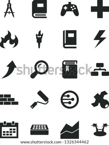 Solid Black Vector Icon Set - lightning vector, calendar, plus, line chart, book, brick wall, new roller, flowchart, Measuring compasses, network, joystick, zoom, satellite, flame, torch, arrow up