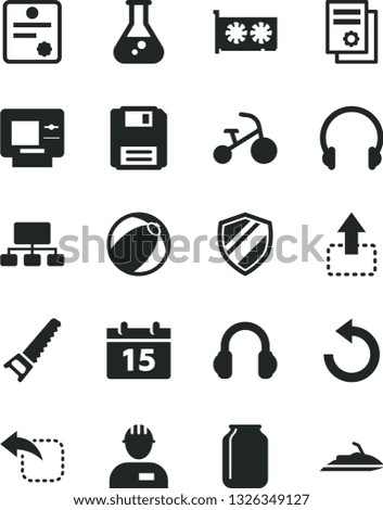 Solid Black Vector Icon Set - counterclockwise vector, baby bath ball, tricycle, workman, hand saw, calendar, headphones, move up, left, jar, scheme, scientific publication, gpu card, floppy, flask