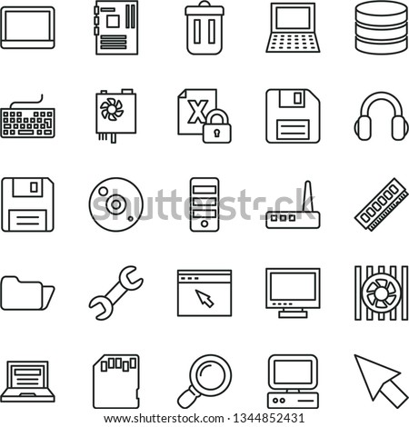 thin line vector icon set - floppy disk vector, laptop, monitor, keyboard, computer, notebook pc, radiator fan, encrypting, power supply, tower, motherboard, memory, router, cd, headphones, browser