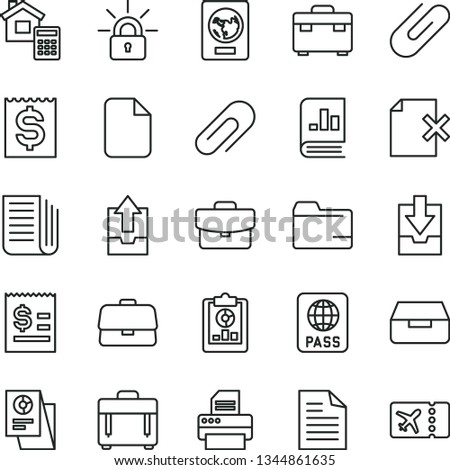 thin line vector icon set - clip vector, scribbled paper, folder, upload archive data, download, suitcase, estimate, case, passport, drawer, delete page, briefcase, statistical overview, research