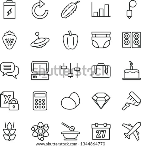 thin line vector icon set - daily calendar vector, clockwise, nappy, plates and spoons, yule, paint roller, plummet, cake, eggs, strawberry, mint, Bell pepper, cucumber, charging battery, calculator