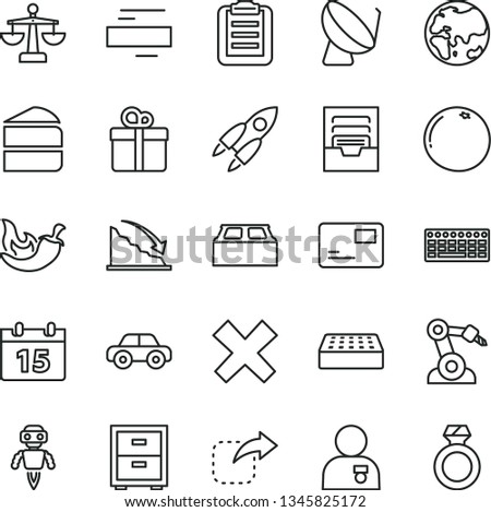 thin line vector icon set - minus vector, cross, bedside table, archive, scales, motor vehicle, brick, building block, calendar, pass card, gift, move right, piece of cake, chili, grapefruit, planet