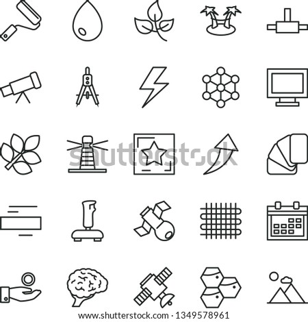 thin line vector icon set - lightning vector, monitor window, calendar, minus, new roller, sample of colour, drop, honeycombs, leaves, weaving, Measuring compasses, lighthouse, catch a coin, connect