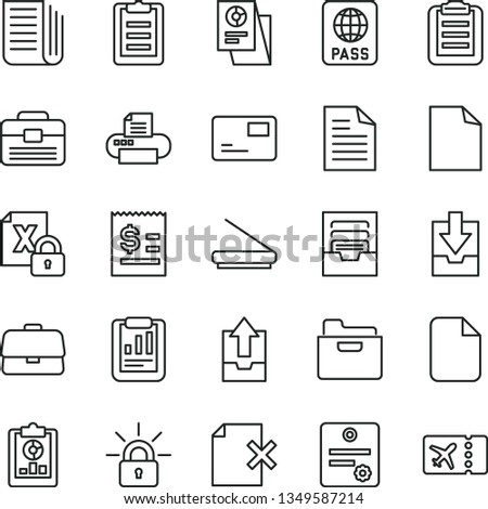 thin line vector icon set - clean sheet of paper vector, scribbled, archive, upload data, download, portfolio, passport, folder, pass card, delete page, briefcase, statistical report, overview, file