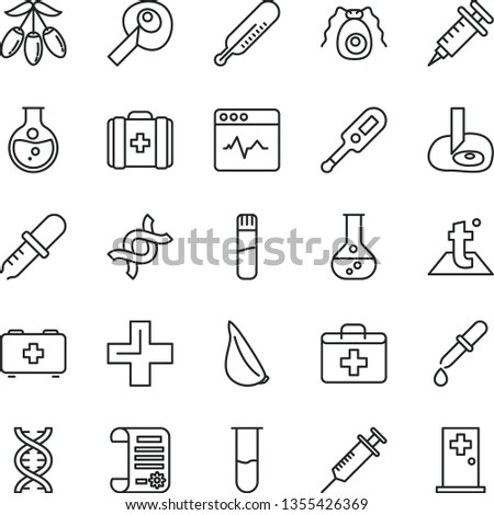 thin line vector icon set - first aid kit vector, plus, electronic thermometer e, mercury, bag of a paramedic, medical, temperature, cardiogram, garlic, goji berry, round flask, research article