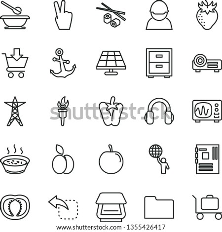 thin line vector icon set - bedside table vector, plates and spoons, anchor, put in cart, move left, porridge a saucepan, peper, Chinese chopsticks, apple, strawberry, tasty plum, half tomato, racer