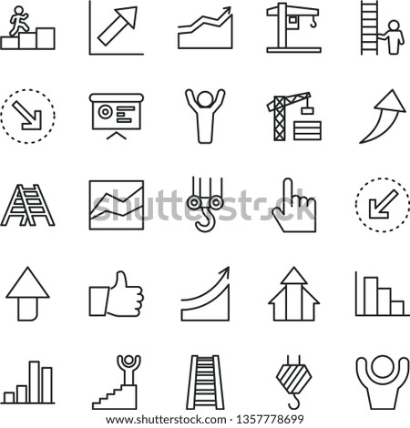 thin line vector icon set - upward direction vector, line chart, growth, positive histogram, crane, tower, hook, winch, stepladder, ladder, left bottom arrow, index finger, thumb up, right, bar