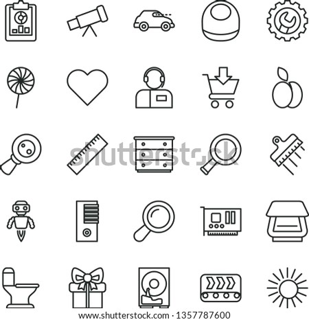 thin line vector icon set - yardstick vector, chest of drawers, baby bib, comfortable toilet, spatula, gear, heart, put in cart, operator, lollipop, apple, conveyor, retro car, magnifying glass, hdd