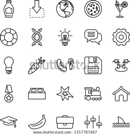 thin line vector icon set - truck lorry vector, floppy disk, building block, move down, pizza, cocktail, bottle, banana, carrot, light bulb, portfolio, dna, settings, bactery, bang, graduate, dialog