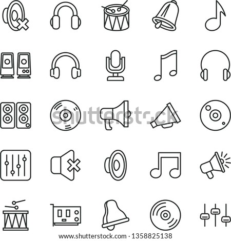 thin line vector icon set - bell vector, desktop microphone, horn, loudspeaker, silent mode, drumroll, drum, headphones, music, CD, regulator, no sound, megaphone, pc card, speaker, note, settings