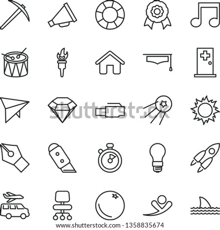 thin line vector icon set - horn vector, drum, house, knife, orange, light bulb, lan connector, note, chair, graduate hat, medal, rocket, stopwatch, ink pen, flame torch, mine axe, diamond, sun