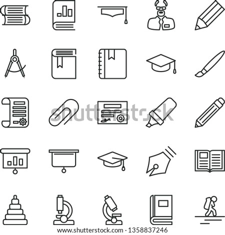 thin line vector icon set - tassel vector, clip, graphite pencil, book, stacking toy, books, notebook, square academic hat, scribed compasses, text highlighter, on statistics, research article