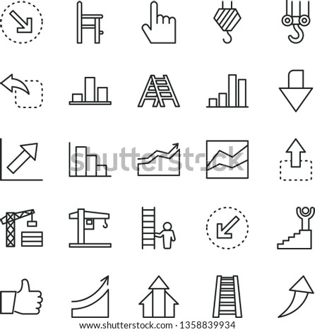 thin line vector icon set - downward direction vector, line chart, growth, positive histogram, a chair for feeding, crane, tower, hook, winch, stepladder, ladder, left bottom arrow, index finger